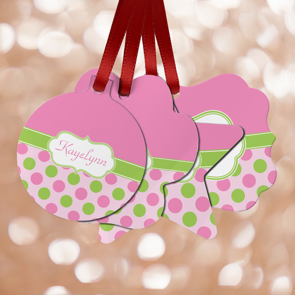 Custom Pink & Green Dots Metal Ornaments - Double Sided w/ Name or Text