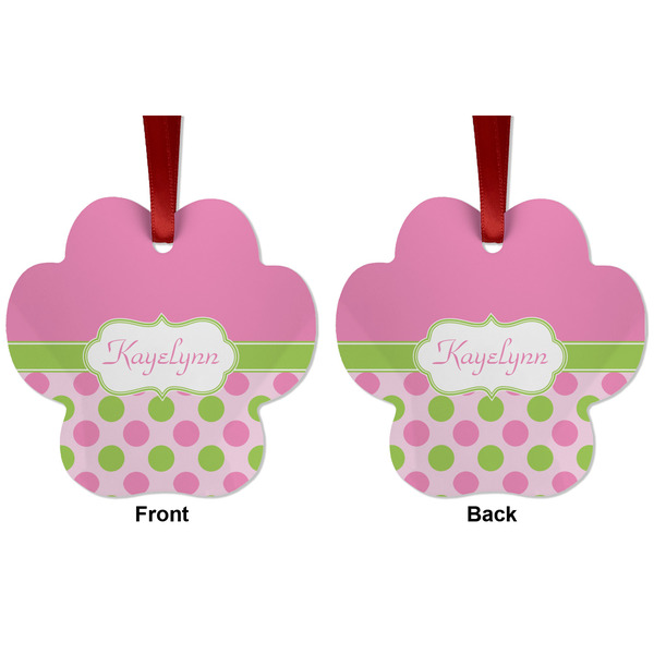 Pink & Green Dots Metal Paw Ornament - Front and Back