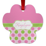 Pink & Green Dots Metal Paw Ornament - Double Sided w/ Name or Text