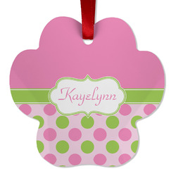 Pink & Green Dots Metal Paw Ornament - Double Sided w/ Name or Text