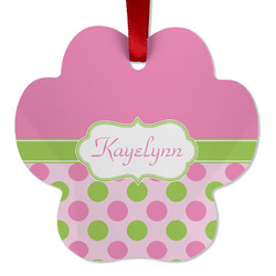 Pink & Green Dots Metal Paw Ornament - Double Sided w/ Name or Text