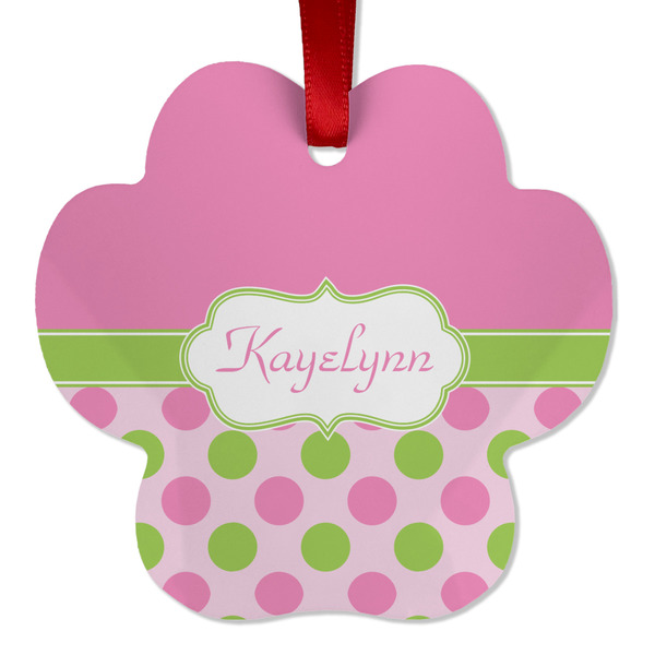 Custom Pink & Green Dots Metal Paw Ornament - Double Sided w/ Name or Text