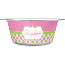 Pink & Green Dots Stainless Steel Dog Bowl - Large (Personalized)