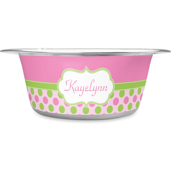 Custom Pink & Green Dots Stainless Steel Dog Bowl - Large (Personalized)