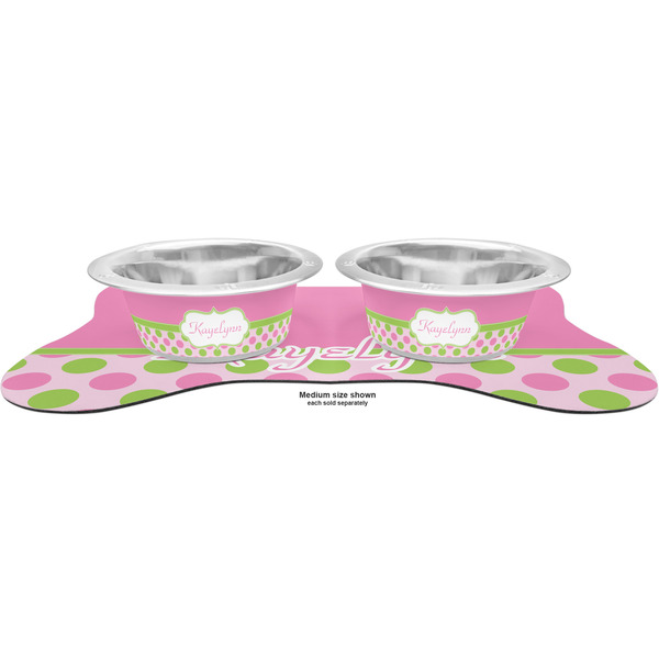 Pink & Green Dots Metal Pet Bowls - On Dog Bone Shaped Mat