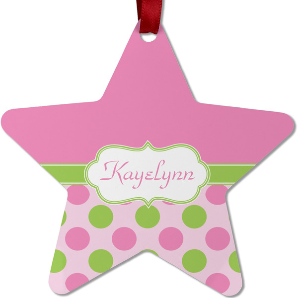 Custom Pink & Green Dots Metal Star Ornament - Double Sided w/ Name or Text