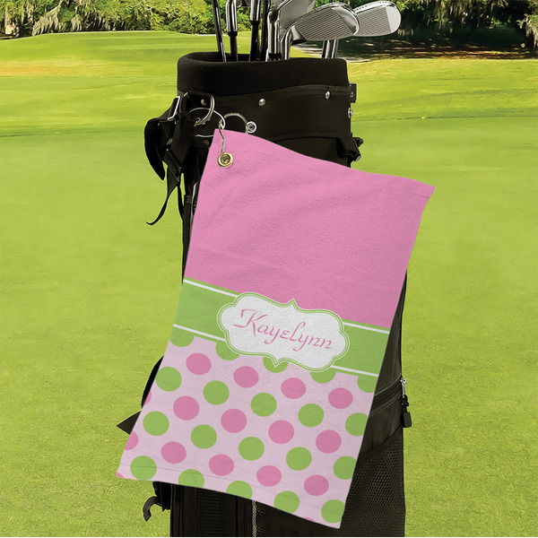 Pink & Green Dots Microfiber Golf Towels - Small - LIFESTYLE