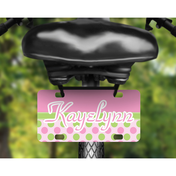 Pink & Green Dots Mini License Plate on Bicycle