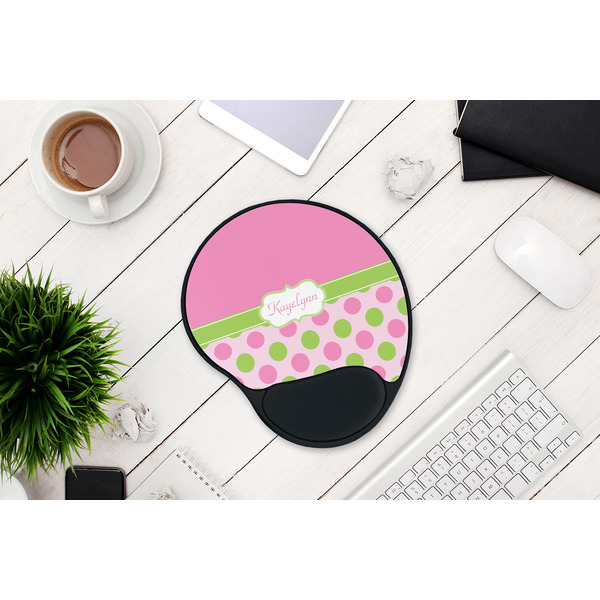 Pink & Green Dots Mouse Pad with Wrist Rest - LIFESYTLE 1