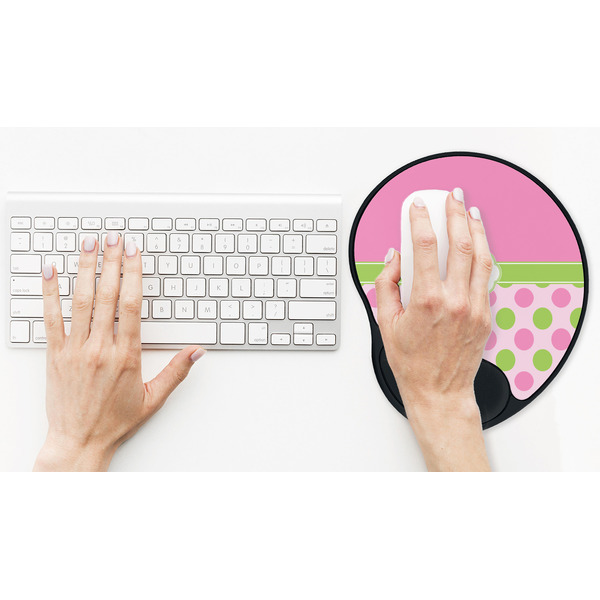 Pink & Green Dots Mouse Pad with Wrist Rest - LIFESYTLE 2 (in use)