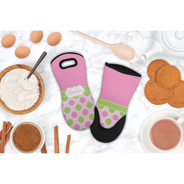 Pink & Green Dots Neoprene Oven Mitt - Lifestyle Image