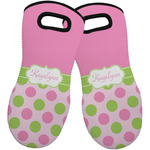 Pink & Green Dots Neoprene Oven Mitts - Set of 2 w/ Name or Text