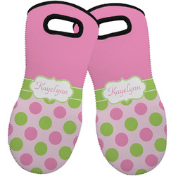 Pink & Green Dots Neoprene Oven Mitts - Set of 2 w/ Name or Text