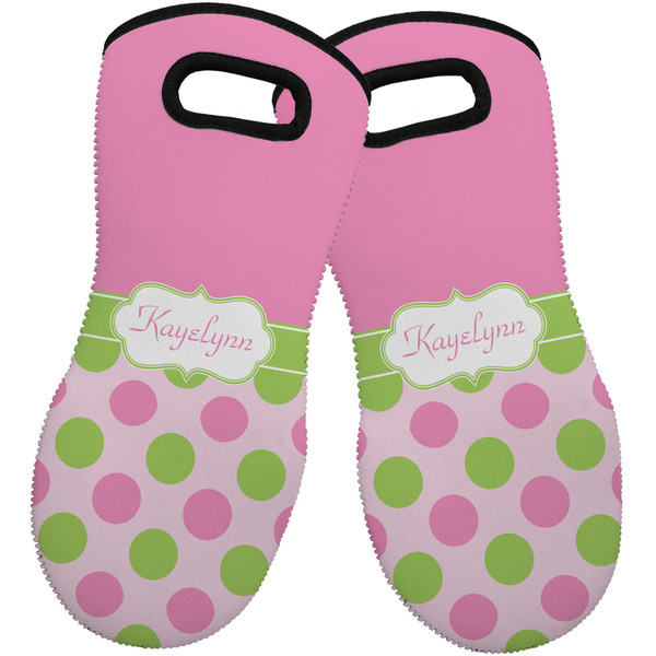 Custom Pink & Green Dots Neoprene Oven Mitts - Set of 2 w/ Name or Text