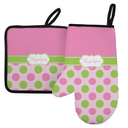 Pink & Green Dots Left Oven Mitt & Pot Holder Set w/ Name or Text