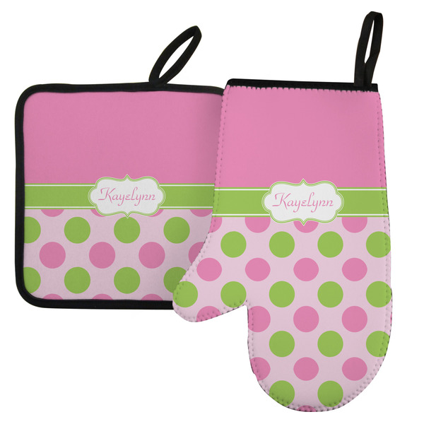 Custom Pink & Green Dots Left Oven Mitt & Pot Holder Set w/ Name or Text