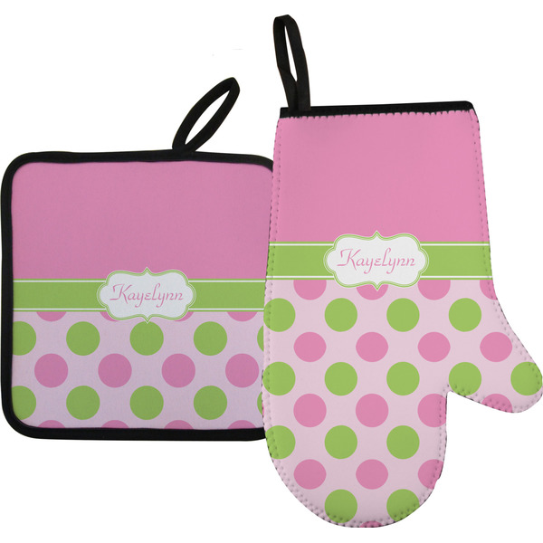 Custom Pink & Green Dots Right Oven Mitt & Pot Holder Set w/ Name or Text
