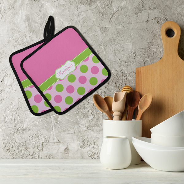 Pink & Green Dots Neoprene Pot Holder - Set of 2  LIFESTYLE