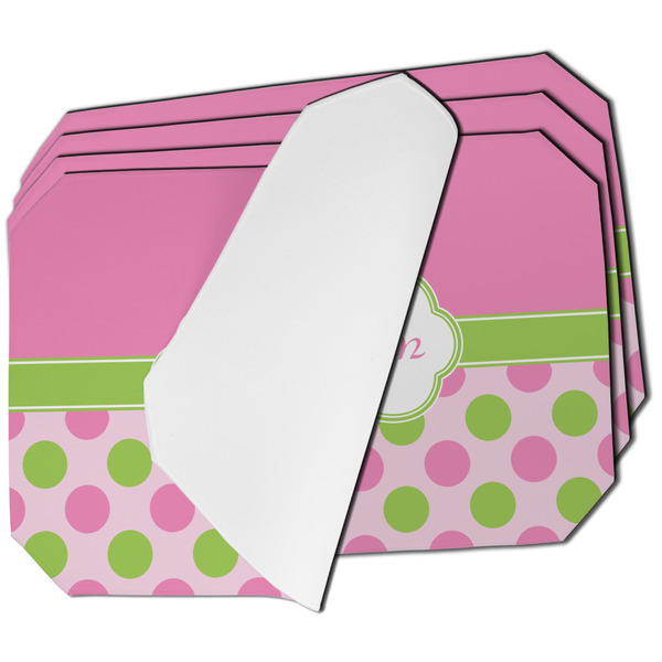 Custom Pink & Green Dots Dining Table Mat - Octagon - Set of 4 (Single-Sided) w/ Name or Text