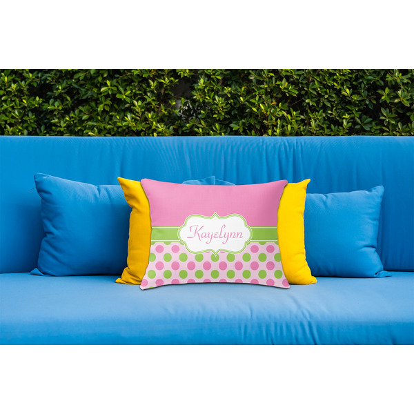 Pink & Green Dots Outdoor Throw Pillow  - LIFESTYLE (Rectangular - 20x14)