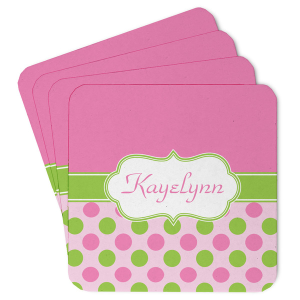 Custom Pink & Green Dots Paper Coasters w/ Name or Text