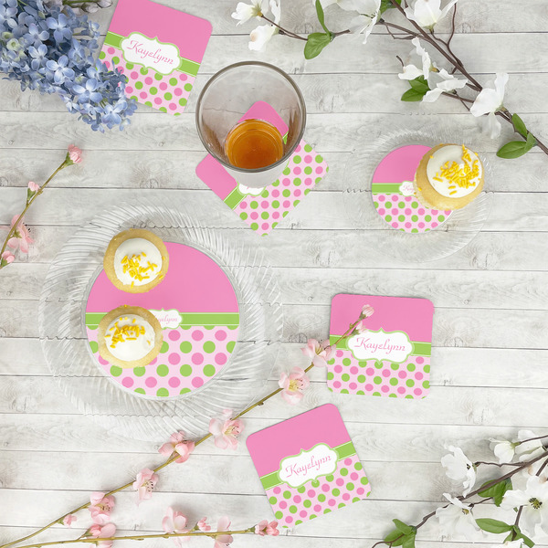 Pink & Green Dots Paper Coasters - In Context