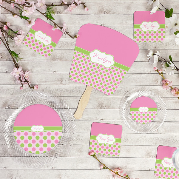 Pink & Green Dots Party Supplies Combination Image - All items - Plates, Coasters, Fans