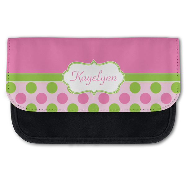 Custom Pink & Green Dots Canvas Pencil Case w/ Name or Text
