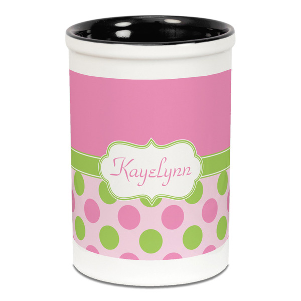Pink & Green Dots Pencil Holder - Black