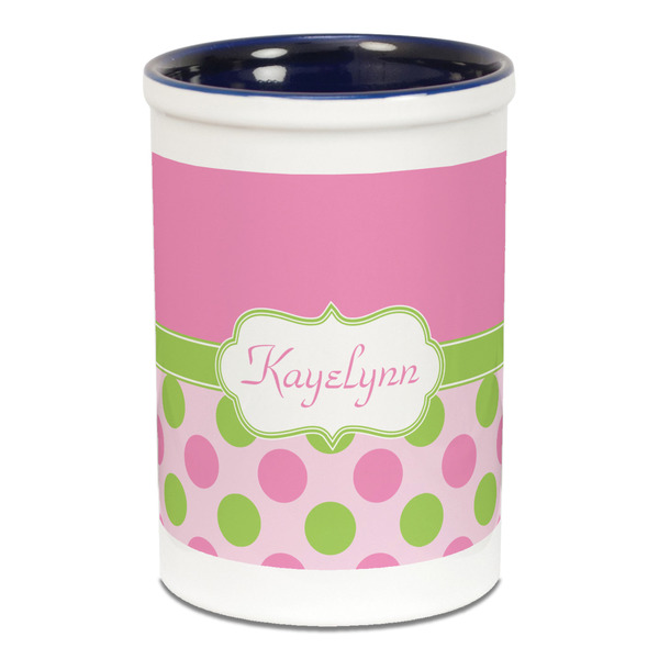 Pink & Green Dots Pencil Holder - Blue