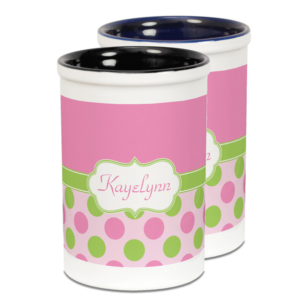 Custom Pink & Green Dots Ceramic Pencil Holder - Large