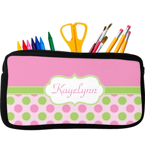 Custom Pink & Green Dots Neoprene Pencil Case - Small w/ Name or Text