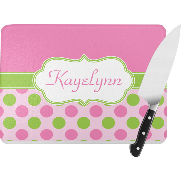 Custom Pink & Green Dots Rectangular Glass Cutting Board - Large - 15.25"x11.25" w/ Name or Text