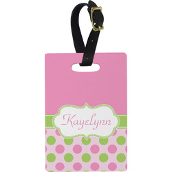 Pink & Green Dots Plastic Luggage Tag - Rectangular w/ Name or Text