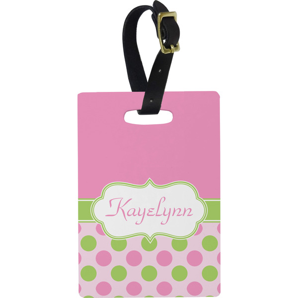 Custom Pink & Green Dots Plastic Luggage Tag - Rectangular w/ Name or Text