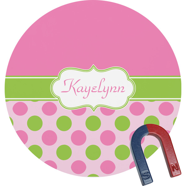 Custom Pink & Green Dots Round Fridge Magnet (Personalized)
