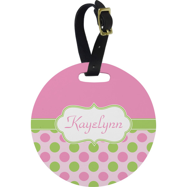Custom Pink & Green Dots Plastic Luggage Tag - Round (Personalized)