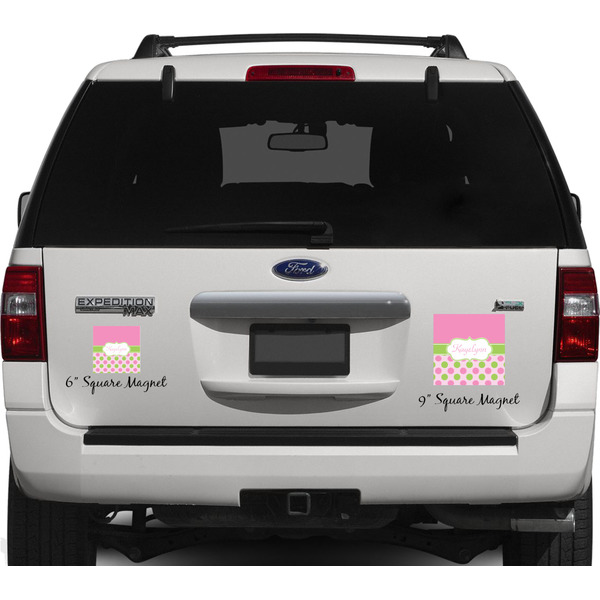 Pink & Green Dots Personalized Square Car Magnets on Ford Explorer