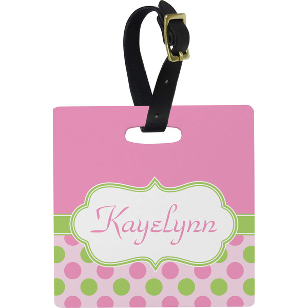 Custom Pink & Green Dots Plastic Luggage Tag - Square w/ Name or Text