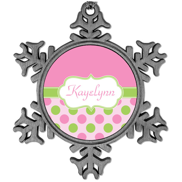Custom Pink & Green Dots Vintage Snowflake Ornament (Personalized)