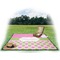 Pink & Green Dots Picnic Blanket - with Basket Hat and Book - in Use