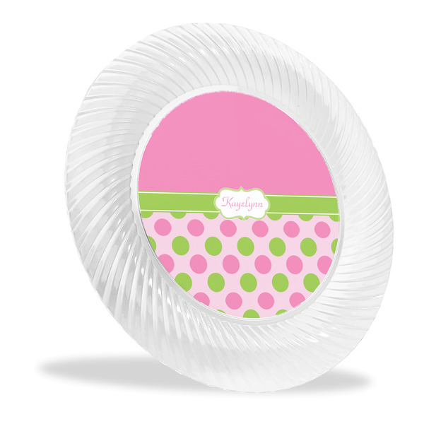 Custom Pink & Green Dots Plastic Party Dinner Plates - 10" (Personalized)