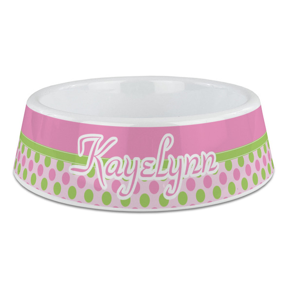 Custom Pink & Green Dots Plastic Dog Bowl - Large (Personalized)