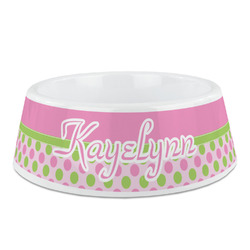 Pink & Green Dots Plastic Dog Bowl (Personalized)