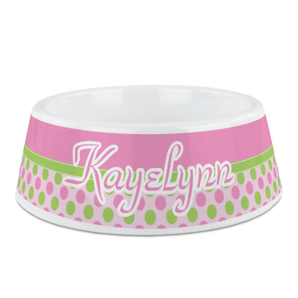 Custom Pink & Green Dots Plastic Dog Bowl (Personalized)