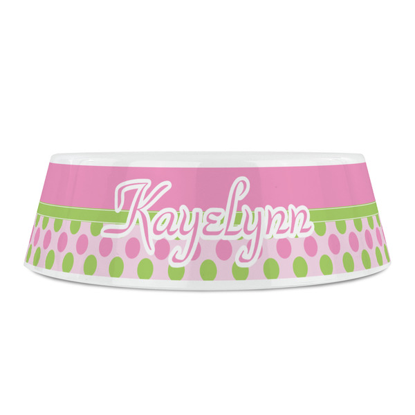 Pink & Green Dots Plastic Pet Bowls - Small - FRONT