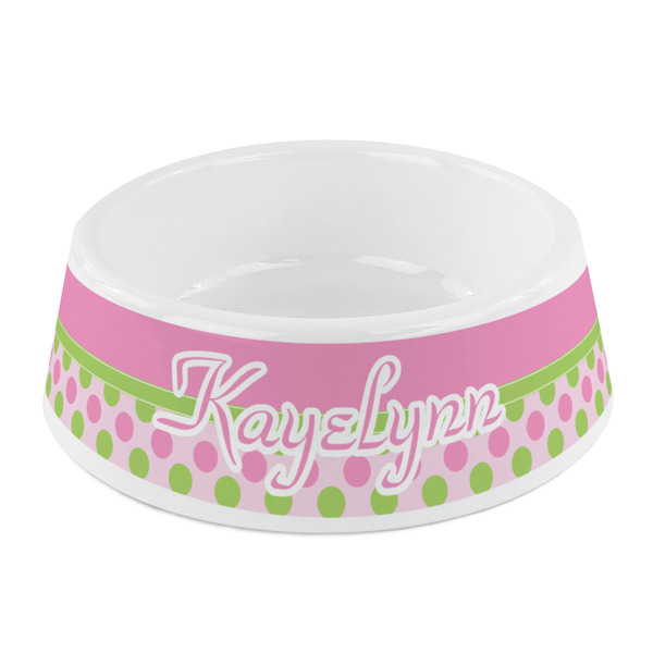 Custom Pink & Green Dots Plastic Dog Bowl - Small (Personalized)