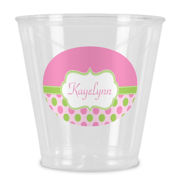 Custom Pink & Green Dots Plastic Shot Glass (Personalized)