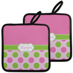 Pink & Green Dots Pot Holders - Set of 2 w/ Name or Text