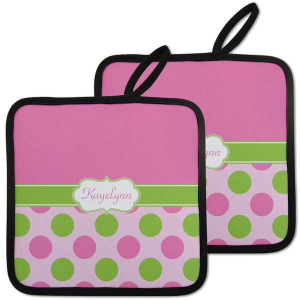 Custom Pink & Green Dots Pot Holders - Set of 2 w/ Name or Text